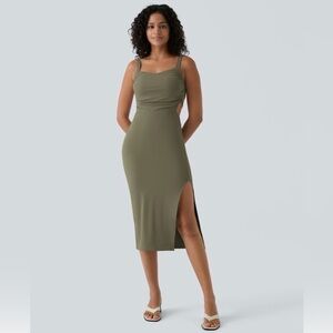 HALARA Olive Green SoftlyZero™ Airy
Ruched Lace Up Bodycon Midi Casual Dress